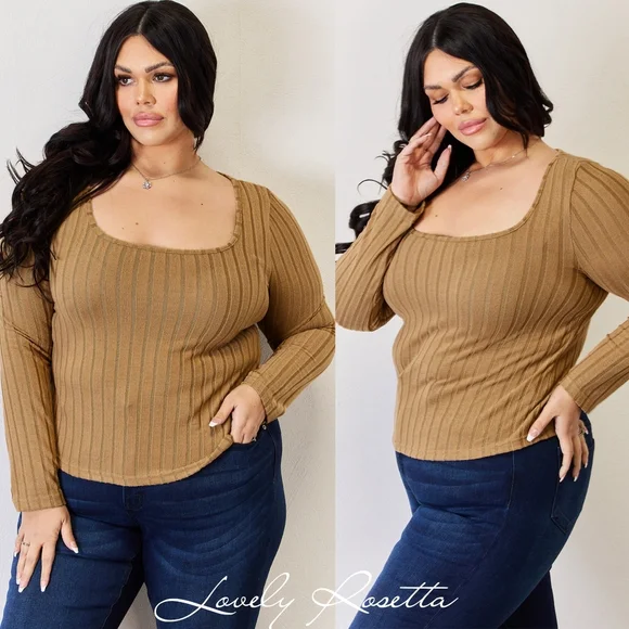 Tan Ribbed Long Sleeve Full Size Top - Picture 2 of 14